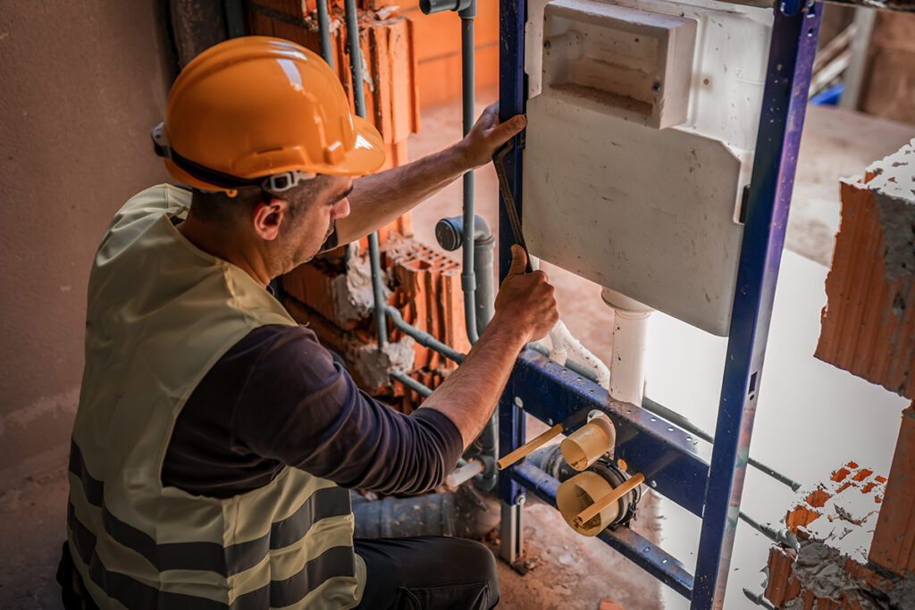 plumber installing pipes in a wall during construction