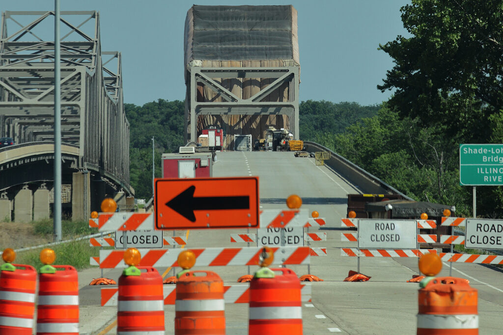 Bridge with construction signage blocking entry