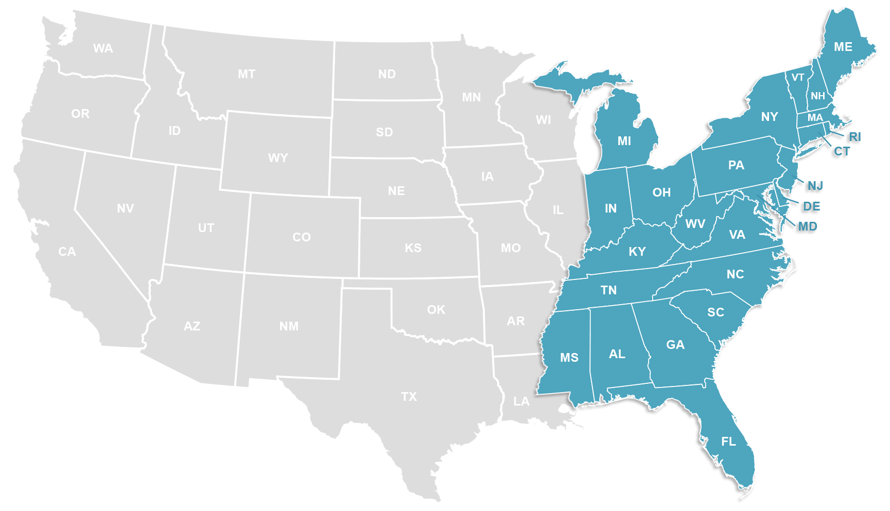 Map highlighting east coast territory
